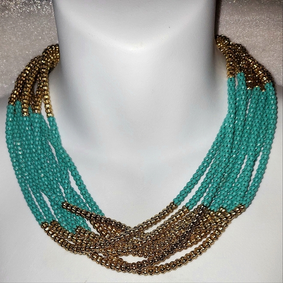 Vintage 70's Style Gold & Turquoise Tone Metal Chain Statement Necklace - Picture 1 of 3